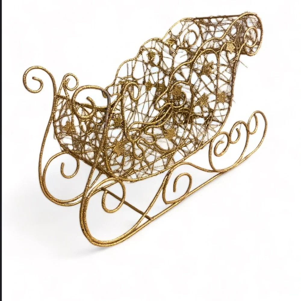 Gold Glitter Santa Sleigh Christmas Decor Ornament Centerpiece 11”